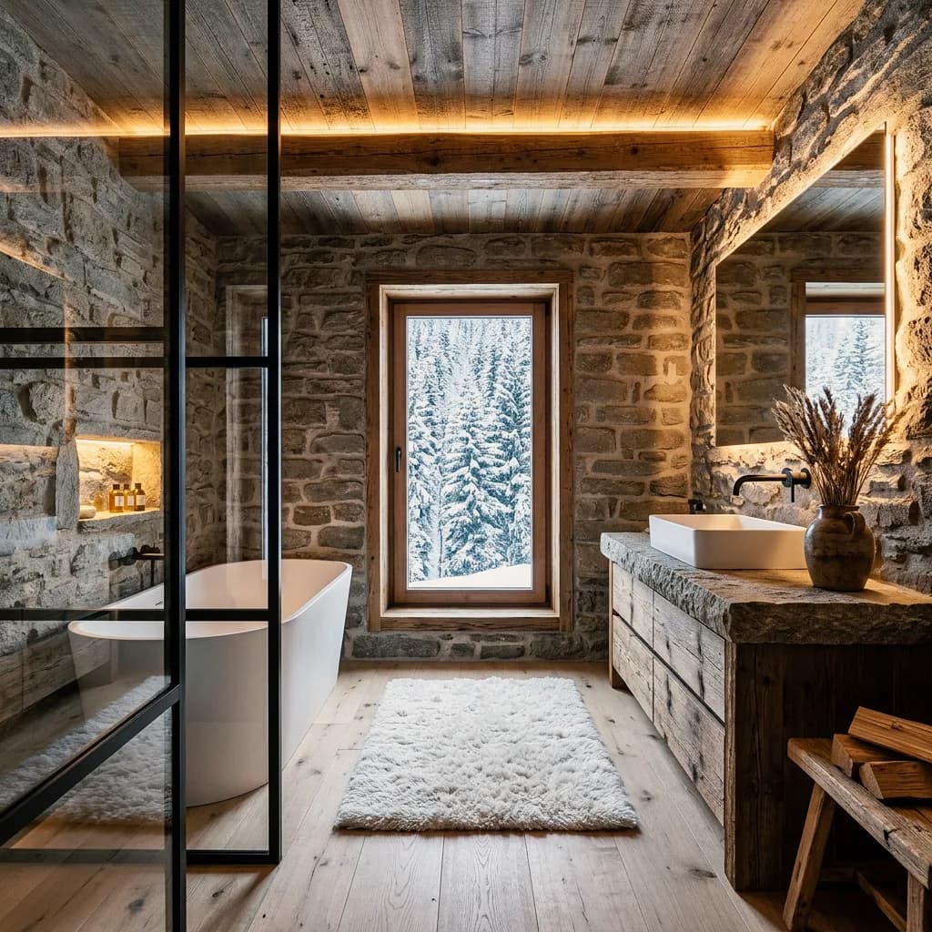 Bathroom example made with Vizera: chalet bathroom with rubble stone and a view of the snow – also in limestone with smoked oak and on a winter morning.