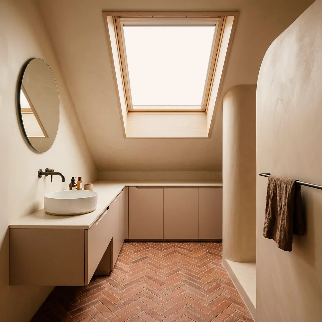 Bathroom example made with Vizera: sand-colored attic bathroom with herringbone terracotta floor – also in sage green with terrazzo and in the evening.