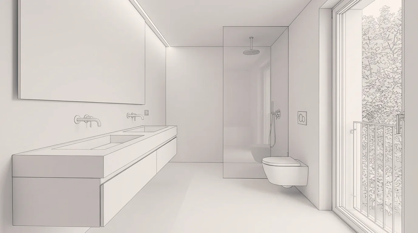 Bathroom example made with Vizera: light limestone bathroom with walk-in shower – also in marble with smoked oak and at blue hour.