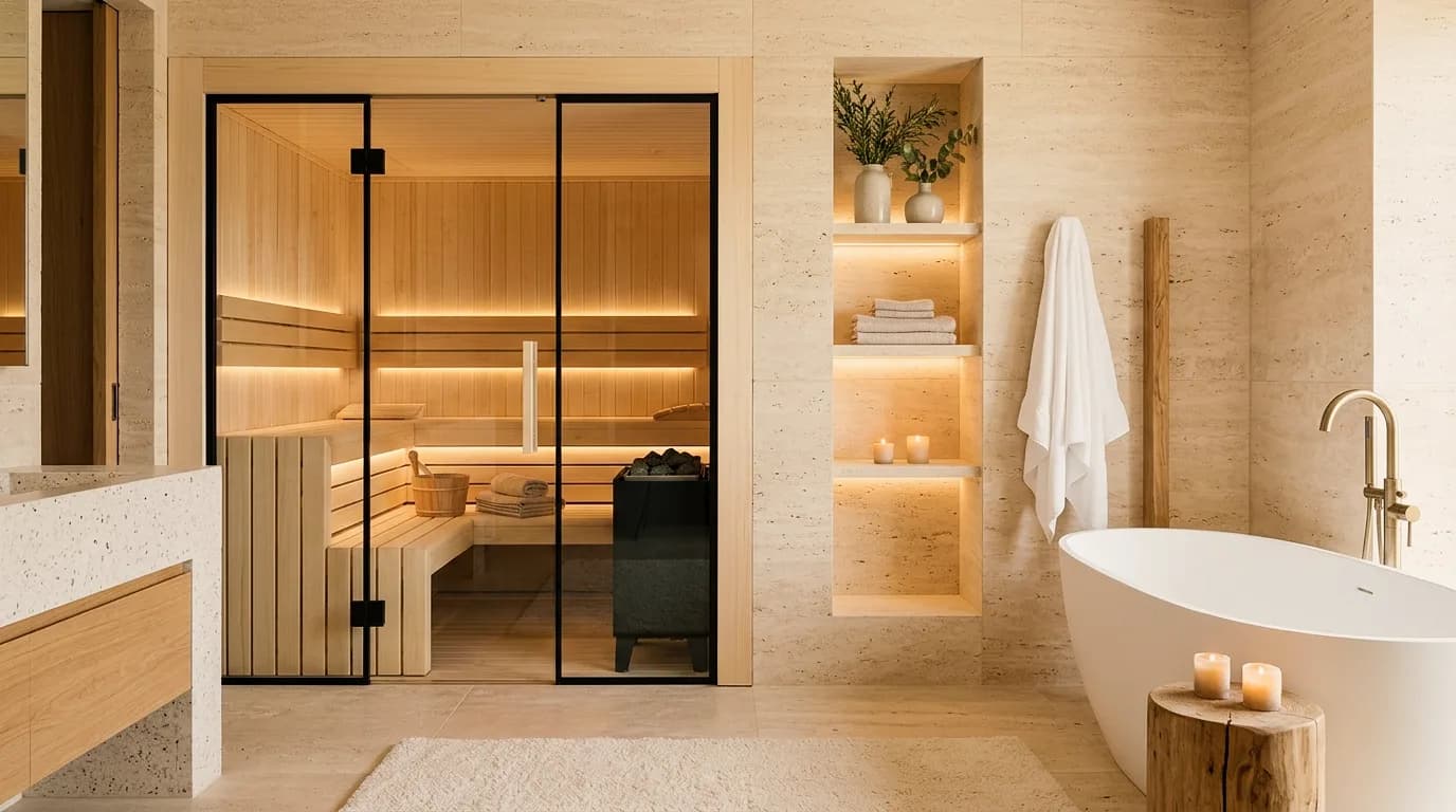 Exempel da bogn, creà cun Vizera: bogn da spa cler cun sauna e bognera – er en la glisch dal di fraida.