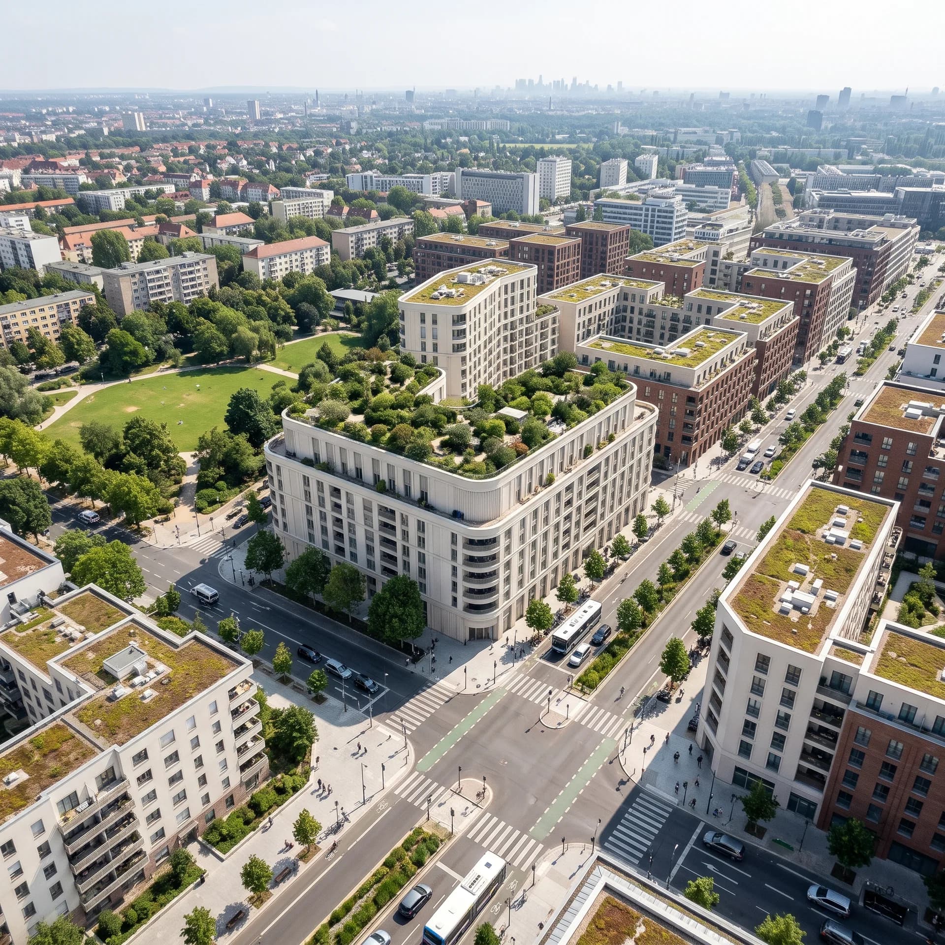 Nuovo quartiere urbano con edificio d'angolo rotondo visto dall'alto – visualizzato, come volume CAD e di notte.