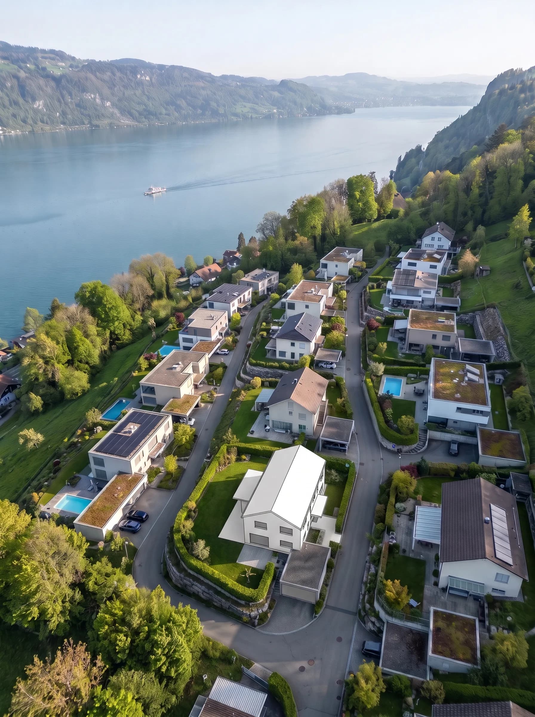 Quartiere di case unifamiliari sopra il lago – come volume CAD, come modello, visualizzato, nel tardo autunno e di notte.