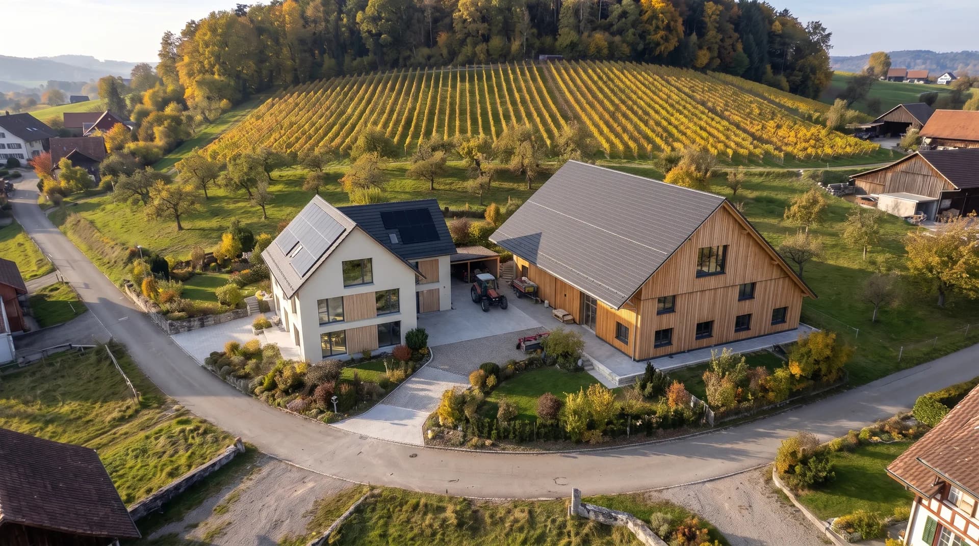Maison individuelle à côté d'une grange en bois devant un vignoble – en volume CAO, visualisée, avec mélèze et enduit à la chaux et au printemps.