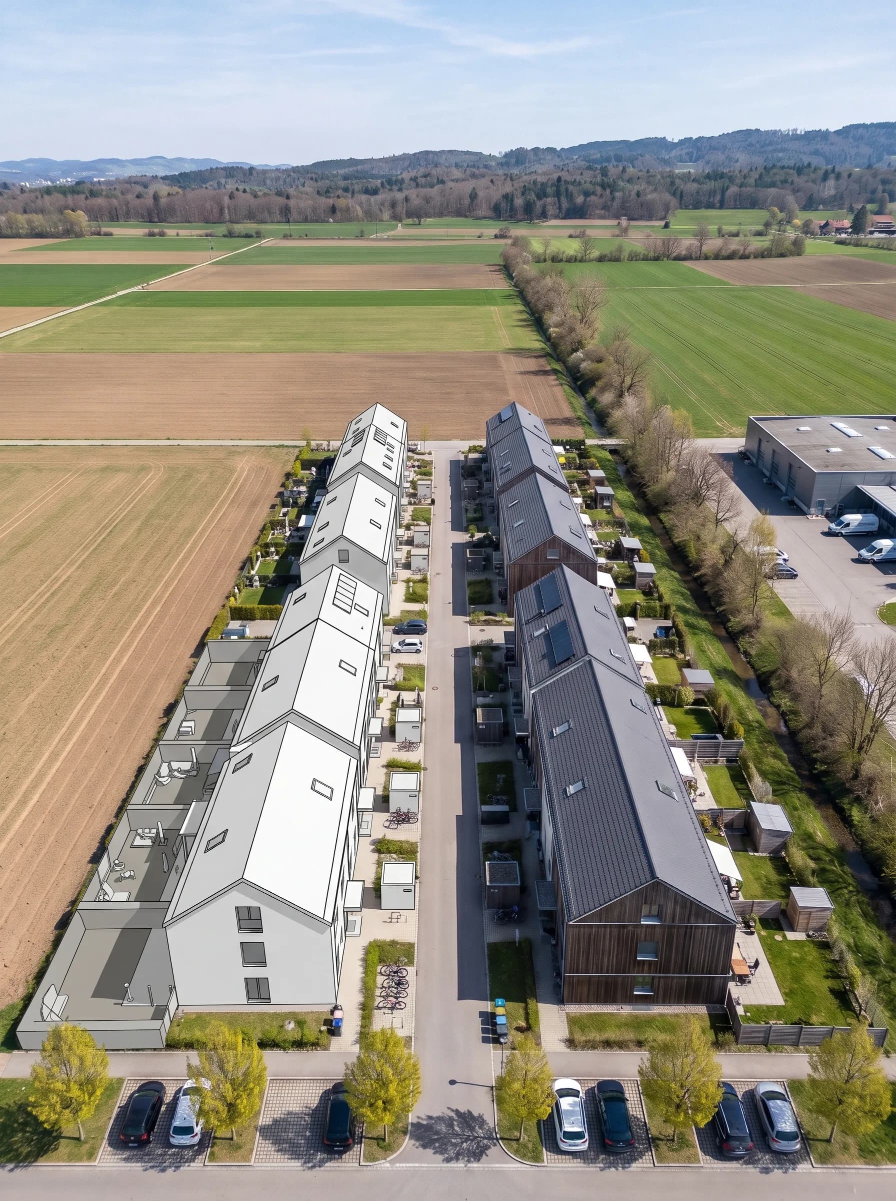 Case unifamiliari a schiera tra i campi nel Furttal – come volume CAD, visualizzate, in inverno e di notte.