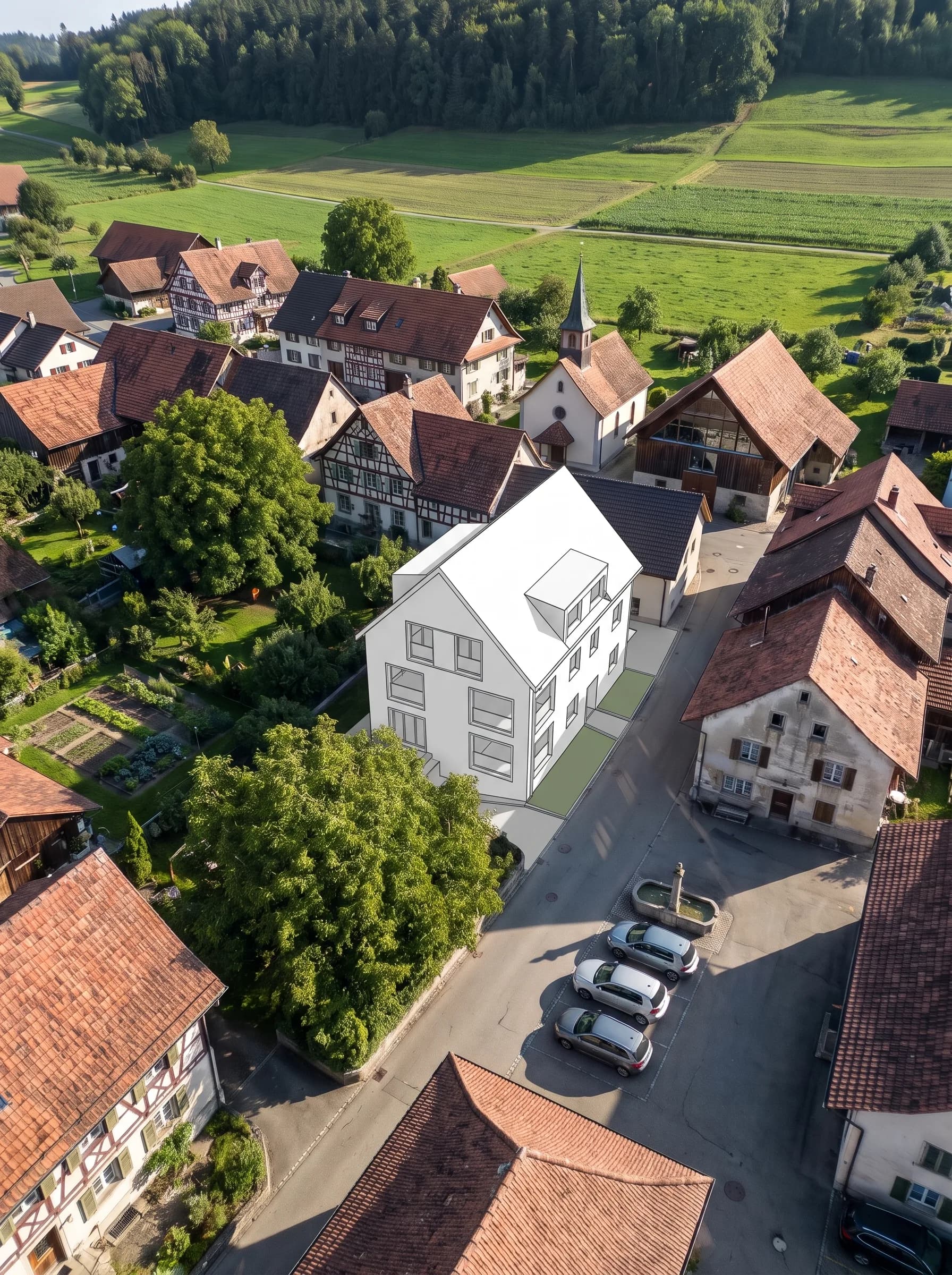 Nucleo del villaggio con nuova costruzione sostitutiva visto dall'alto – come volume CAD, visualizzato, con intonaco di calce e rovere, in inverno e di notte.