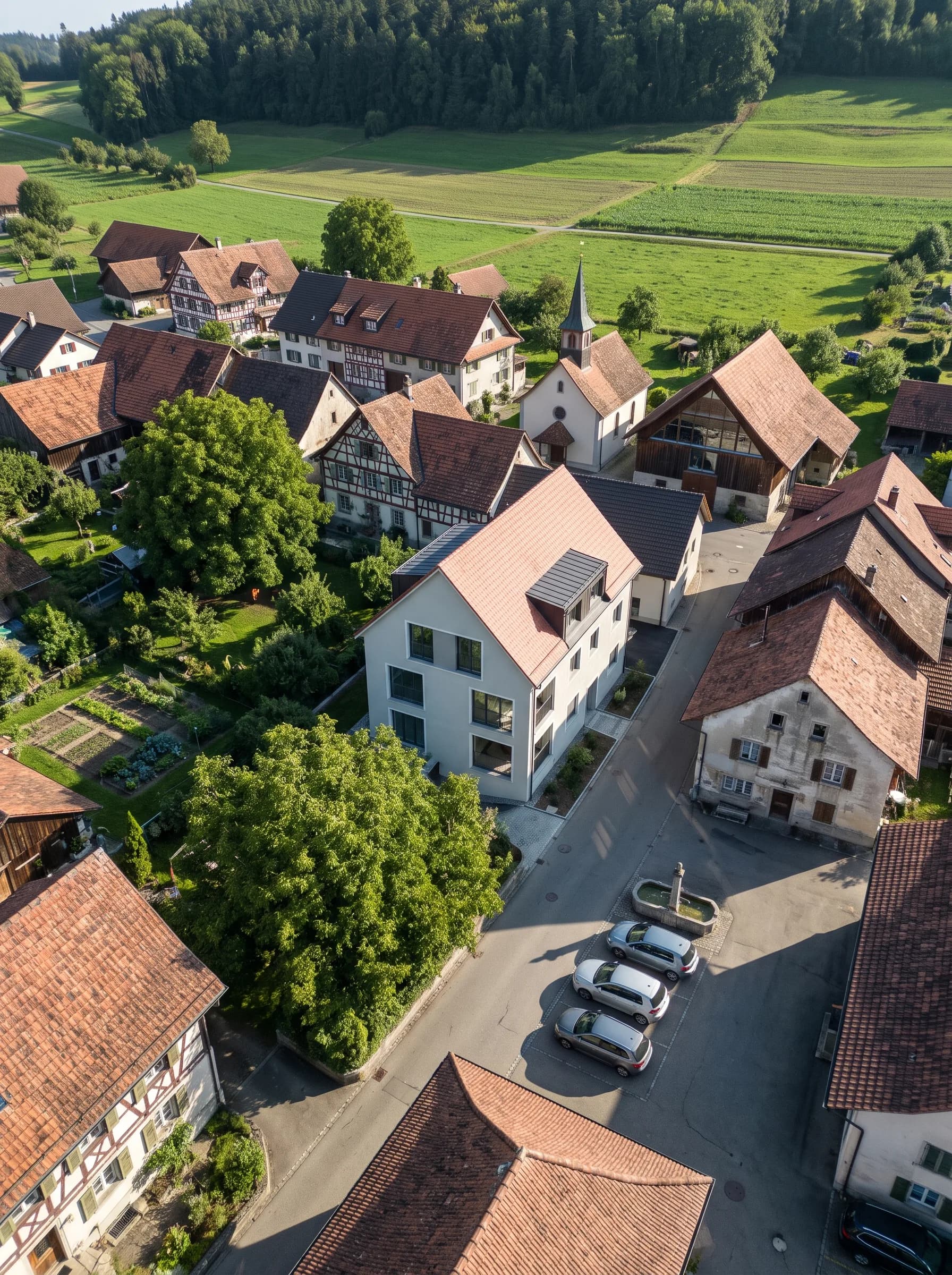 Centre de village avec reconstruction vu du ciel – en volume CAO, visualisé, avec enduit à la chaux et chêne, en hiver et de nuit.