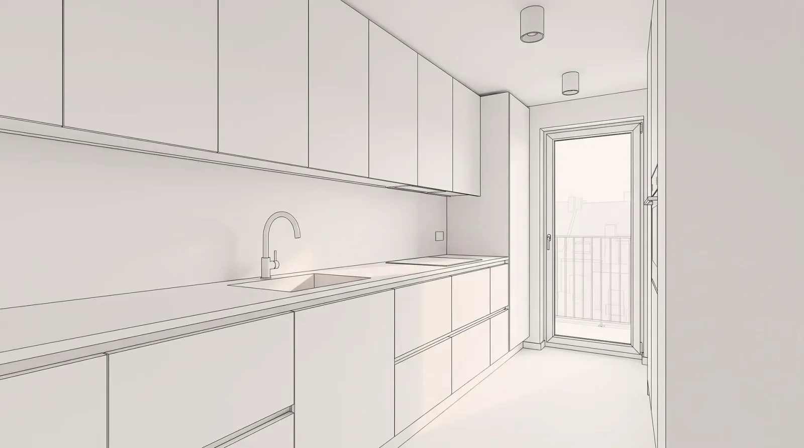 Kitchen example created with Vizera: narrow galley kitchen with white wall cabinets and walnut base cabinets – as a variant in dark green with marble, plain in oak and cream, and in evening light.