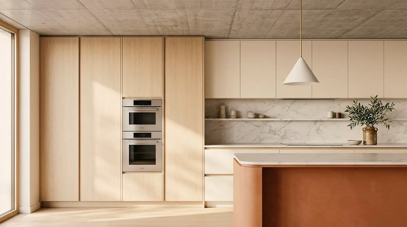 Esempio di cucina creato con Vizera: colonne in rovere chiaro e isola in terracotta – nella variante con frontali verdi e noce, sobria in rovere e crema e con la luce della sera.
