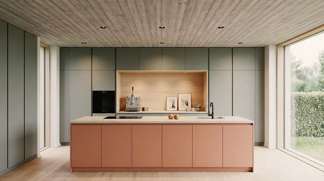 Esempio di cucina creato con Vizera: cucina con isola color terracotta, parete attrezzata verde salvia e soffitto in legno – in varianti di materiale, luce e modello bianco.