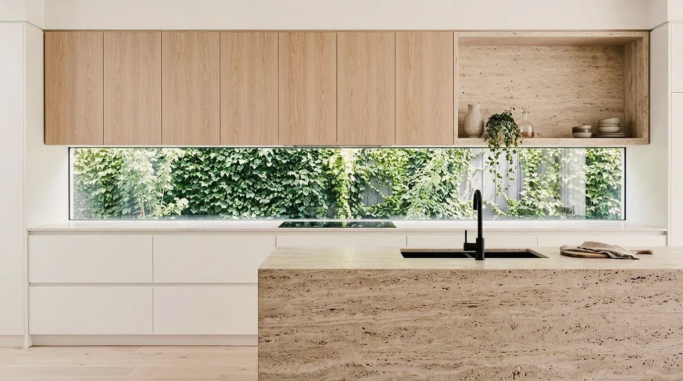 Esempio di cucina creato con Vizera: pensili in rovere sopra una finestra a nastro, isola in travertino – nella variante con noce e marmo nero, sobria in rovere e sabbia e con la luce della sera.