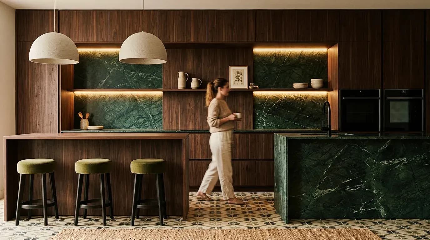 Esempio di cucina creato con Vizera: cucina con frontali in noce, isola in marmo verde e sgabelli da bar – in varianti di materiale e modello bianco.