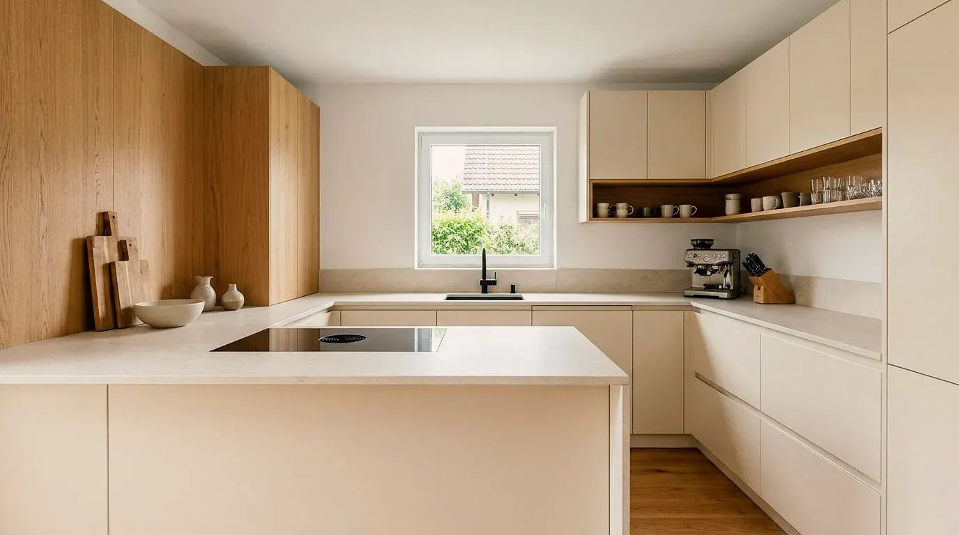 Esempio di cucina creato con Vizera: cucina a U con penisola, frontali chiari e finestra sopra il lavello – in varianti di materiale, luce e modello bianco.