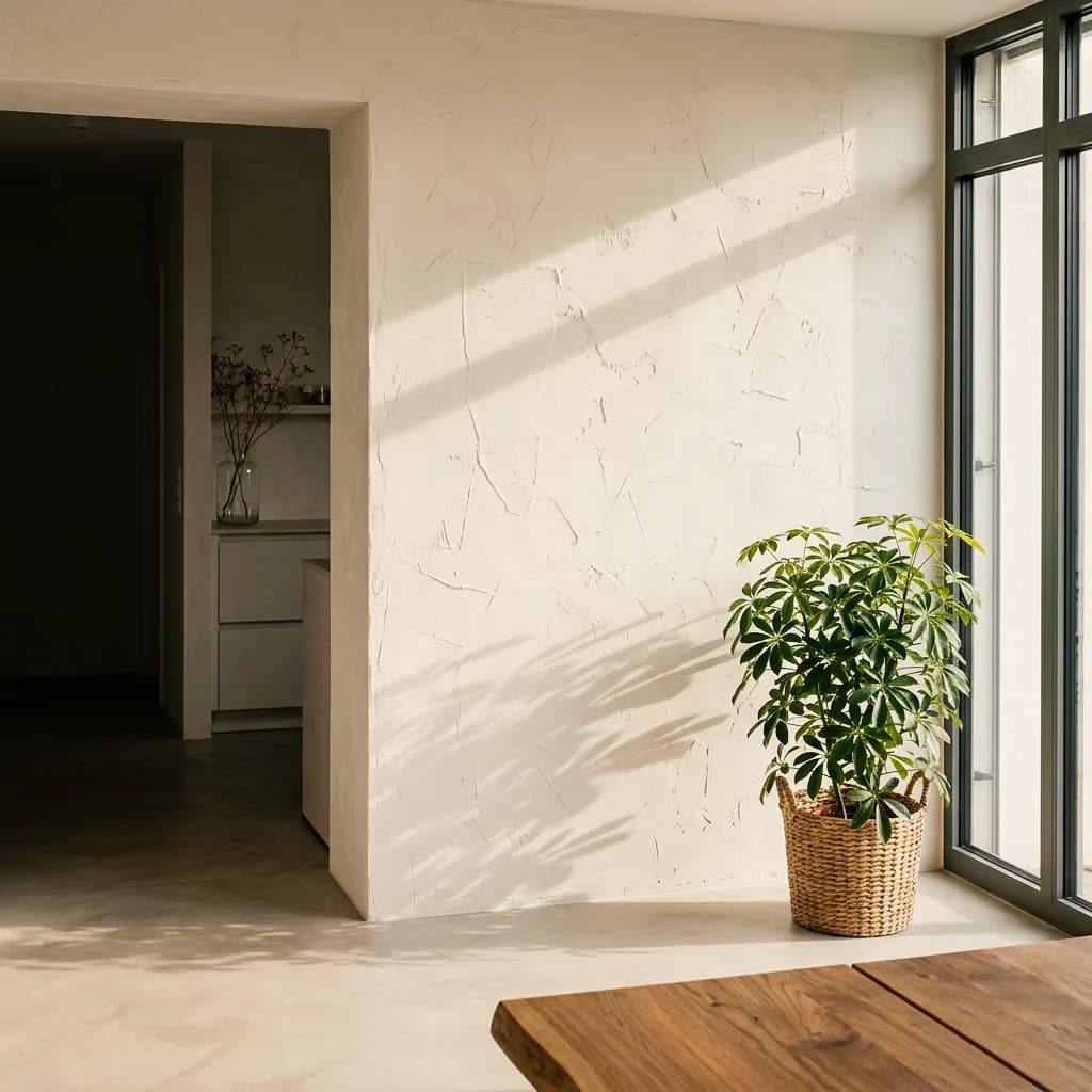 Plaster example made with Vizera: interior wall in coarsely troweled lime plaster with a plant by the window – also in light sage and with a broom finish.