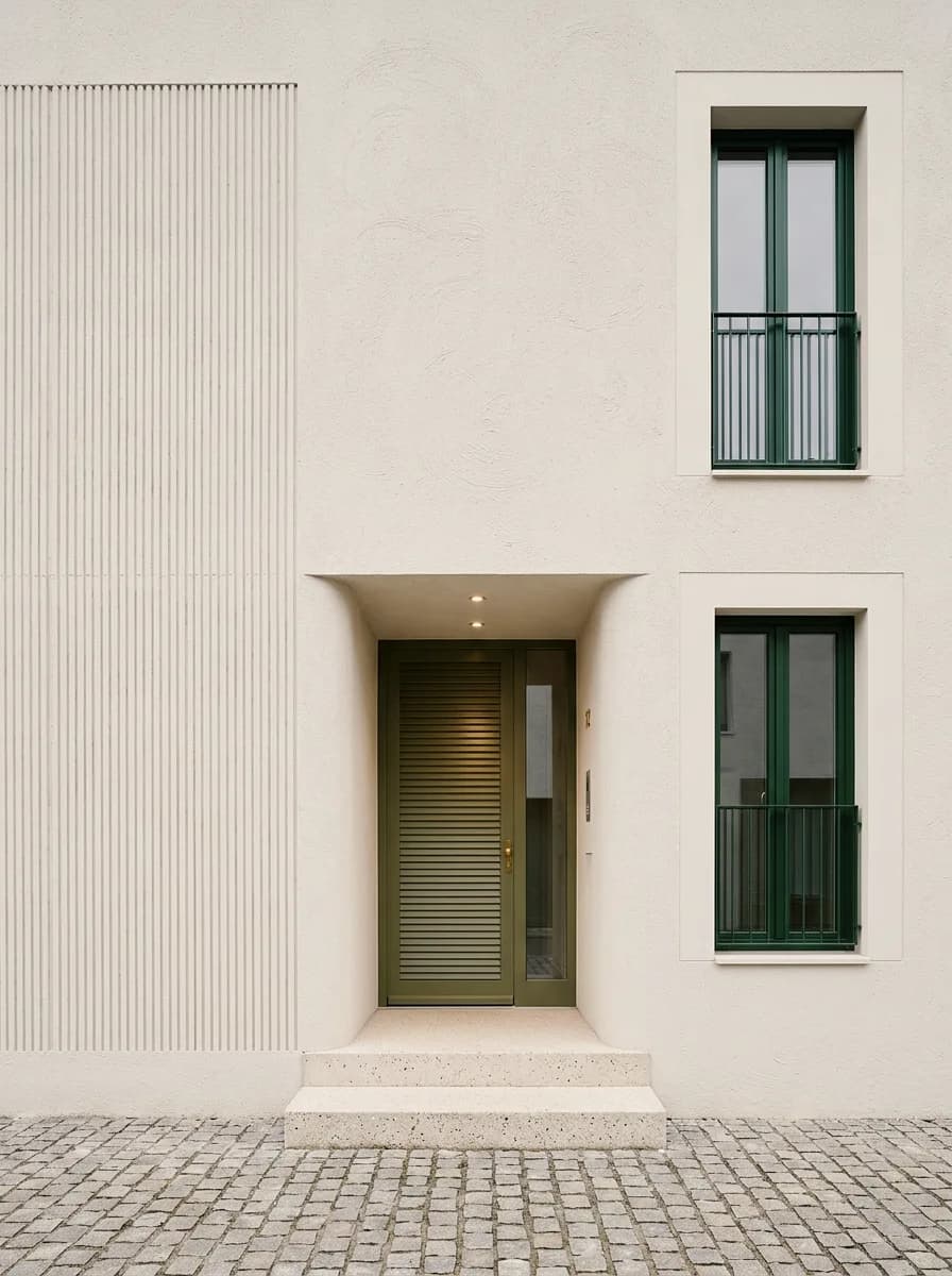 Plaster example made with Vizera: white facade with a grooved panel and entrance – also in a warm sand tone and as scraped plaster.
