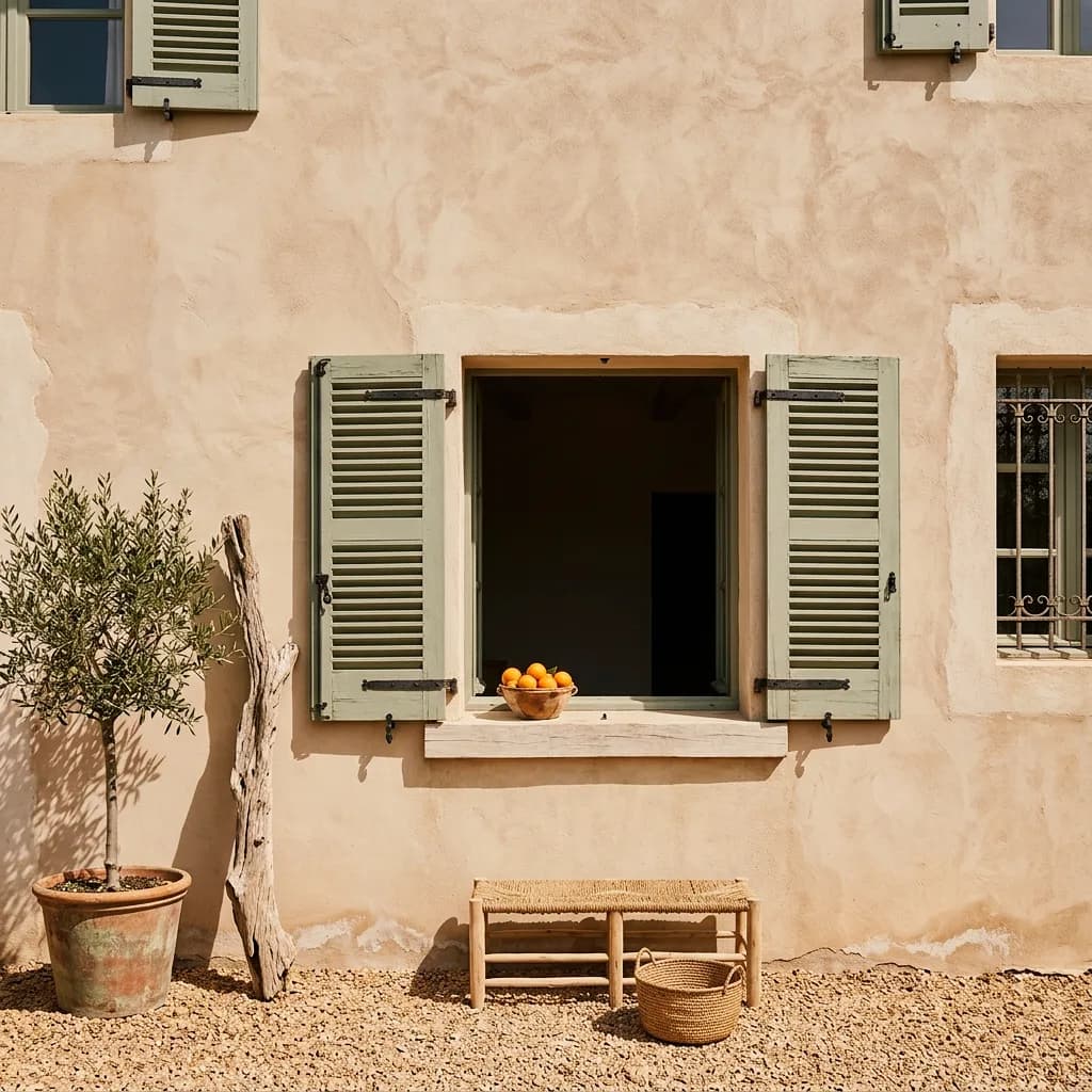 Plaster example made with Vizera: Mediterranean lime plaster facade with green shutters – also in ivory and as a fine textured plaster.