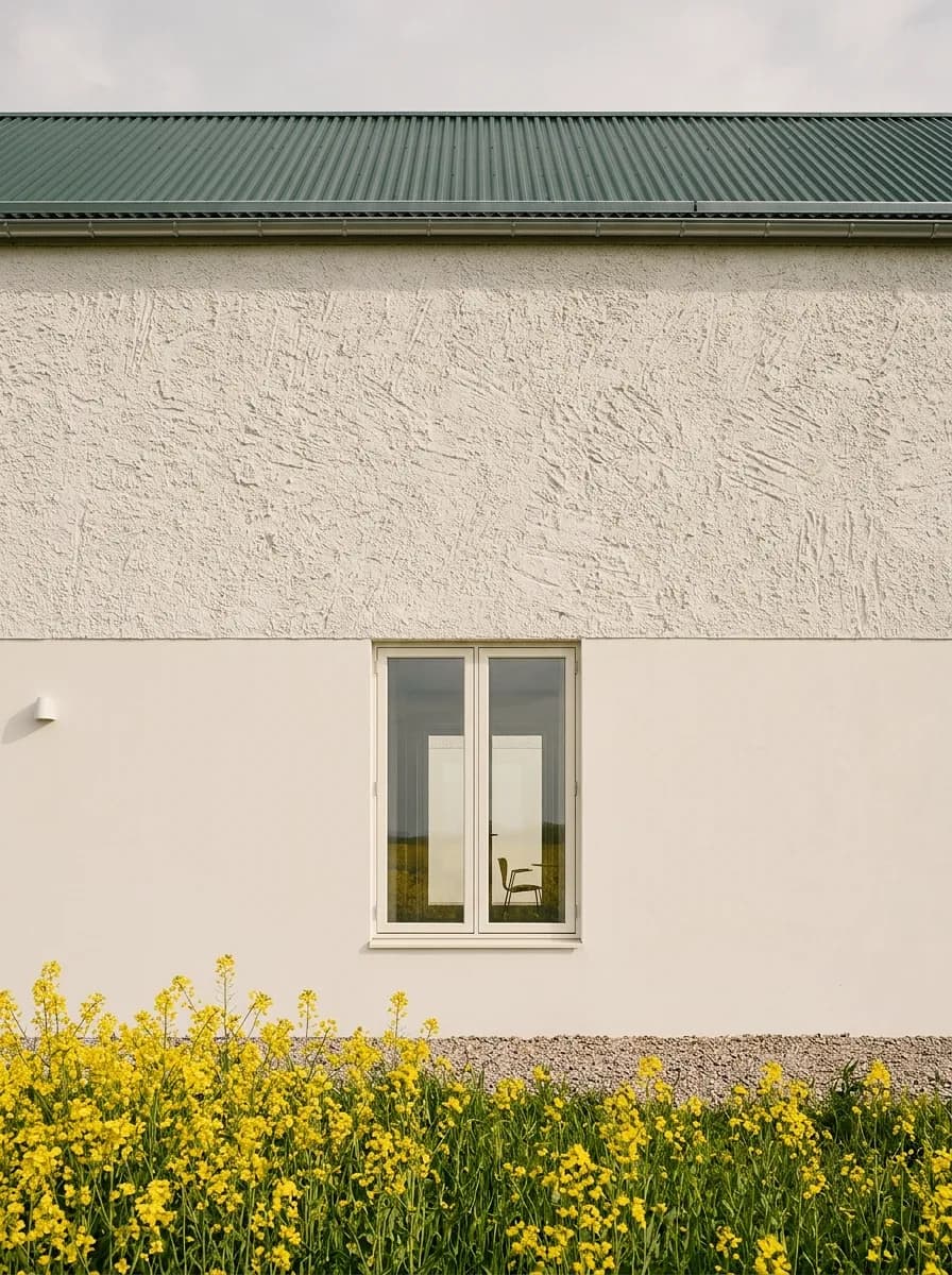 Plaster example made with Vizera: barn building with coarse scraped plaster above a rapeseed field – also with a broom finish.