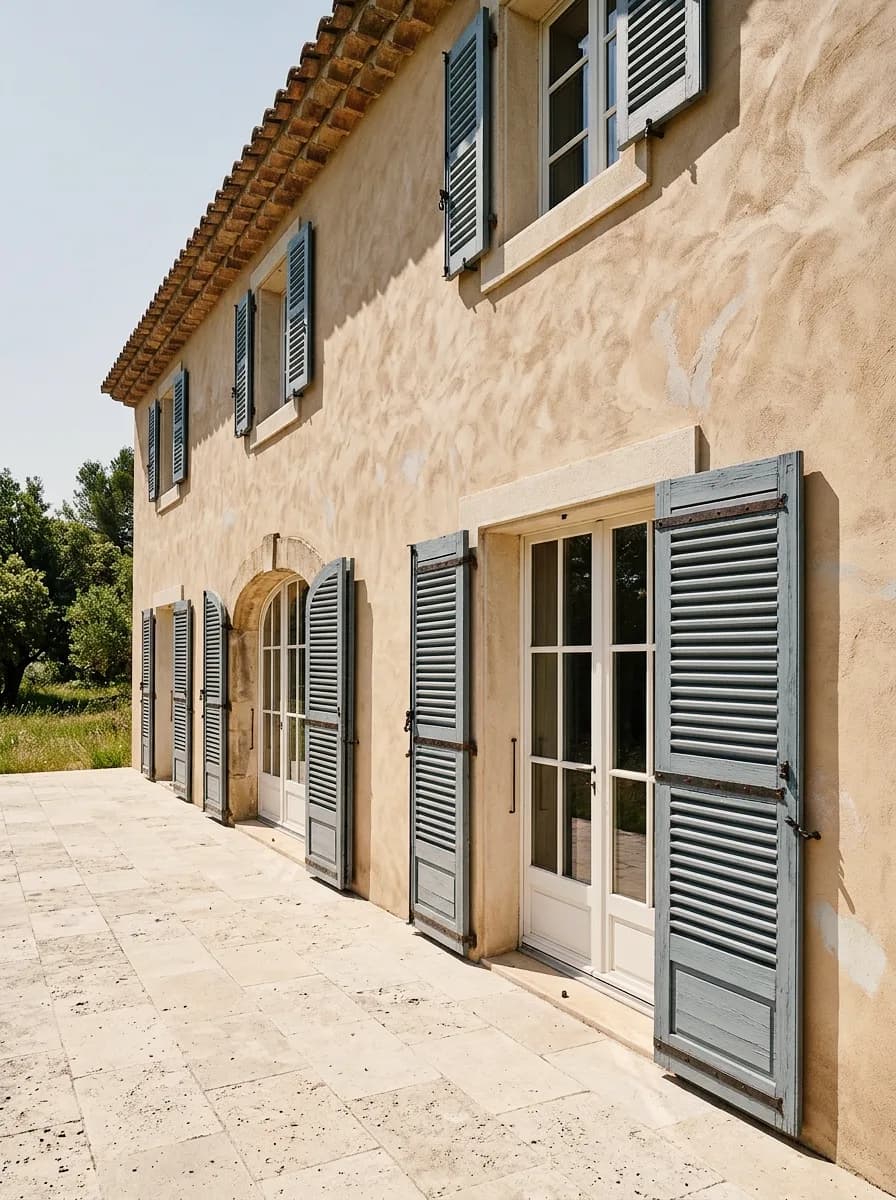 Exemple de crépi créé avec Vizera : maison provençale en enduit à la chaux avec volets gris-bleu – aussi en crépi ribé fin.