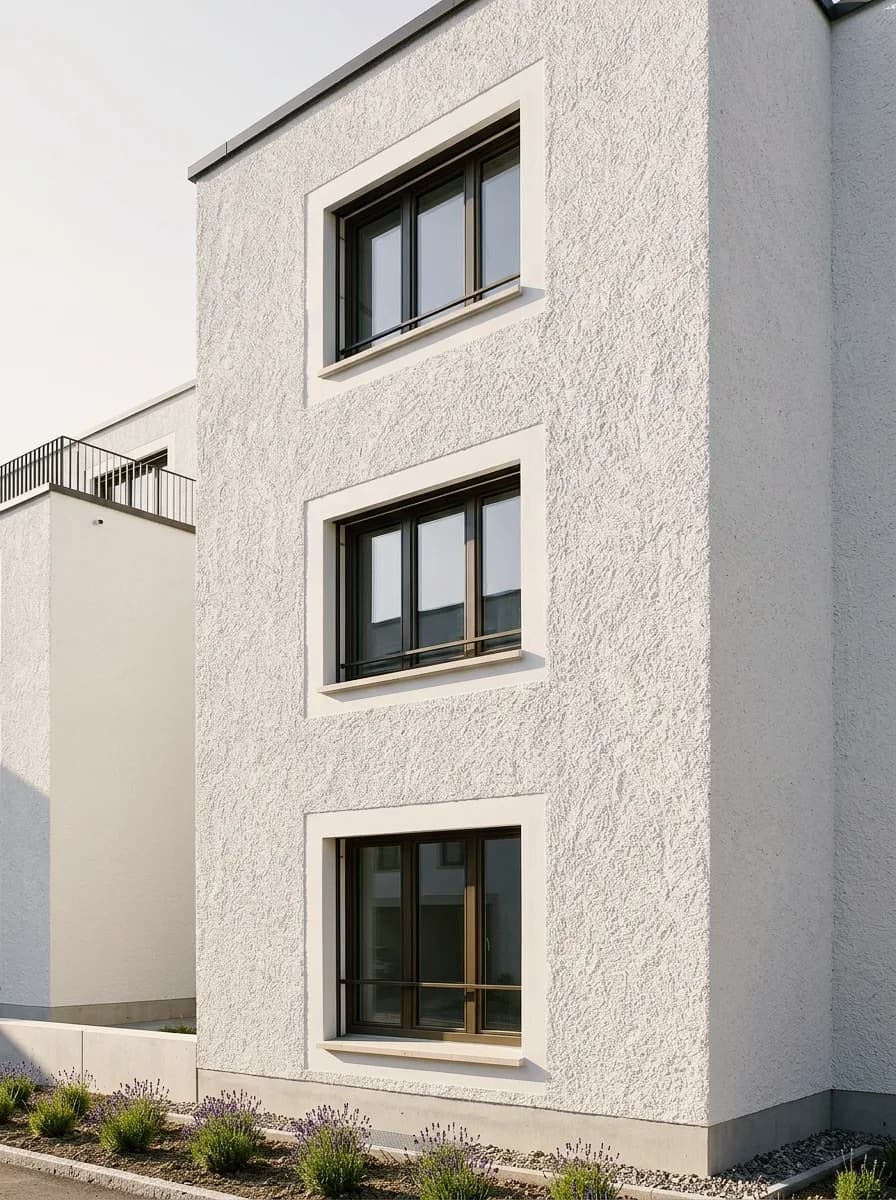 Plaster example made with Vizera: white scraped plaster facade with window surrounds – also in warm greige and as a float finish.