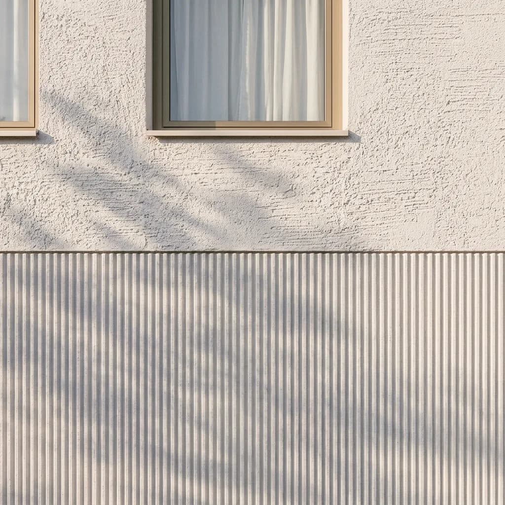 Plaster example made with Vizera: detail: scraped plaster over grooved plaster in raking light – below also with a horizontal broom finish.