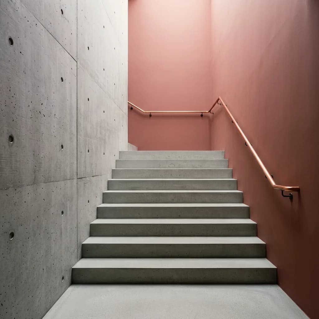 Plaster example made with Vizera: stairwell with exposed concrete and dusty pink paint – also in mineral sage and as a limewash.