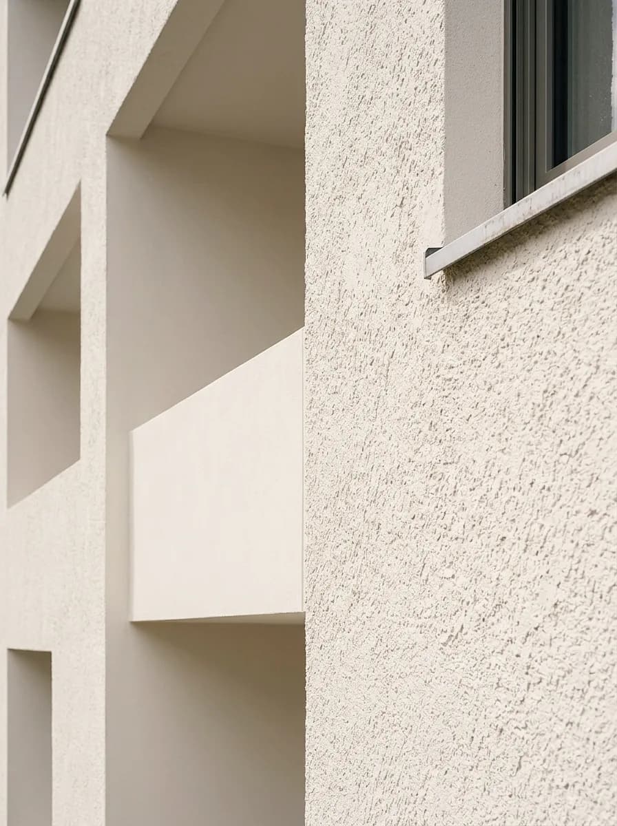 Plaster example made with Vizera: detail: scraped plaster against smooth plaster at recesses – also in light taupe and as grooved plaster.