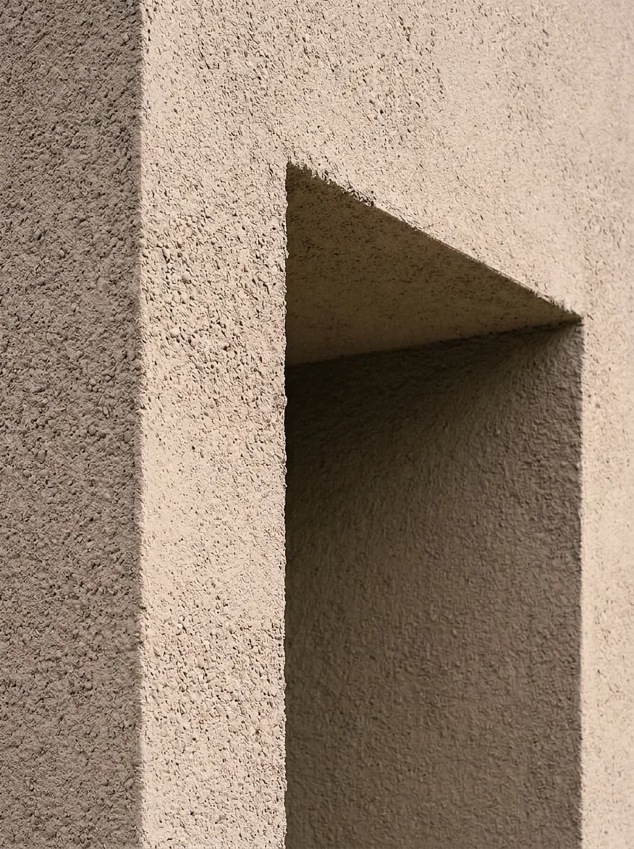Exemple de crépi créé avec Vizera : détail, angle intérieur en crépi ribé grossier – en ton argile clair et en balayé.
