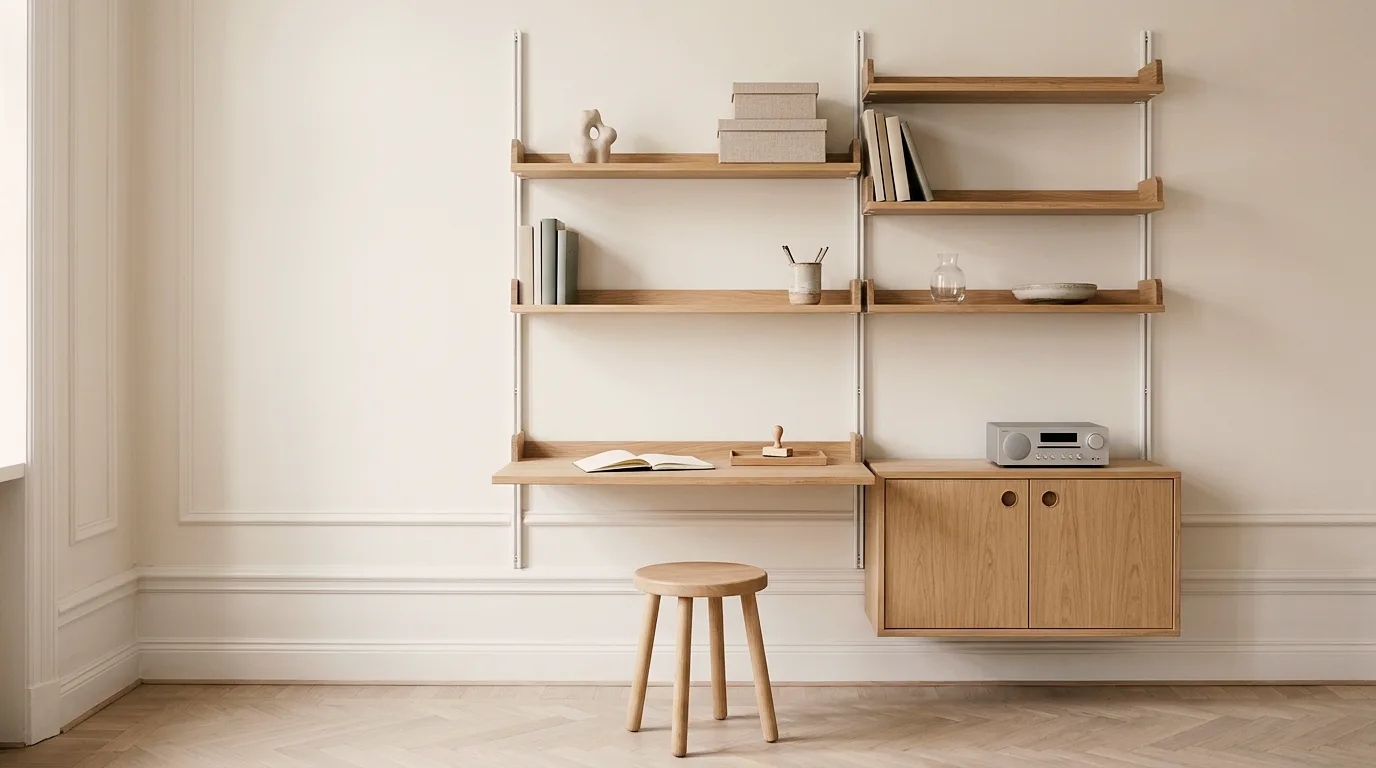 Furniture example made with Vizera: oak wall shelf on white rails, with a desk top and stool – also in walnut with graphite and against sage green lime plaster.