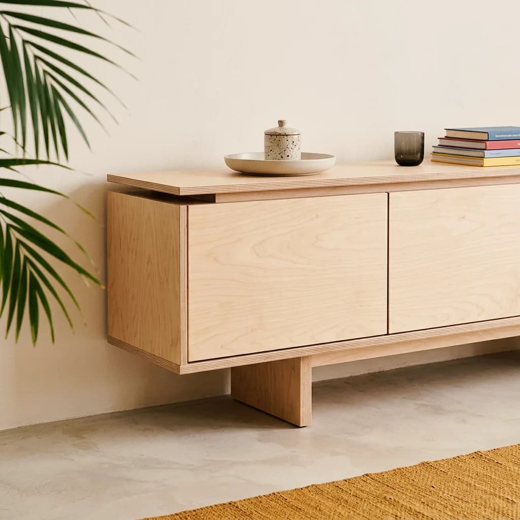 Furniture example made with Vizera: birch plywood sideboard on a panel base – also white lacquered with an oak top and against clay plaster.