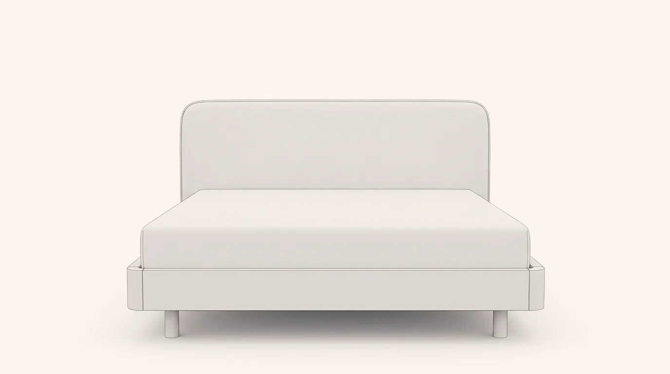 Furniture example made with Vizera: bed with an oak frame and upholstered linen headboard – also in walnut with olive green linen and in front of a dove blue wall.