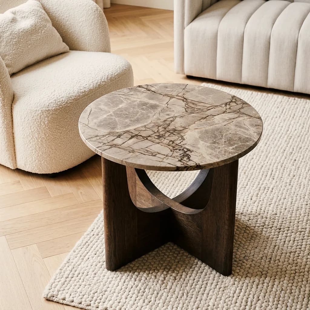 Furniture example made with Vizera: side table with a marble top on a wooden cross base – also in green marble with oak and in front of a clay-colored wall.
