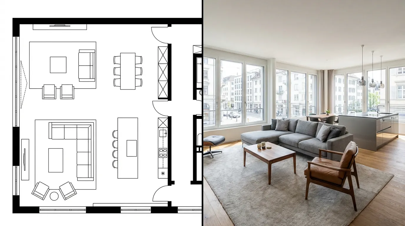 Vorher/Nachher Grundriss zu Visualisierung