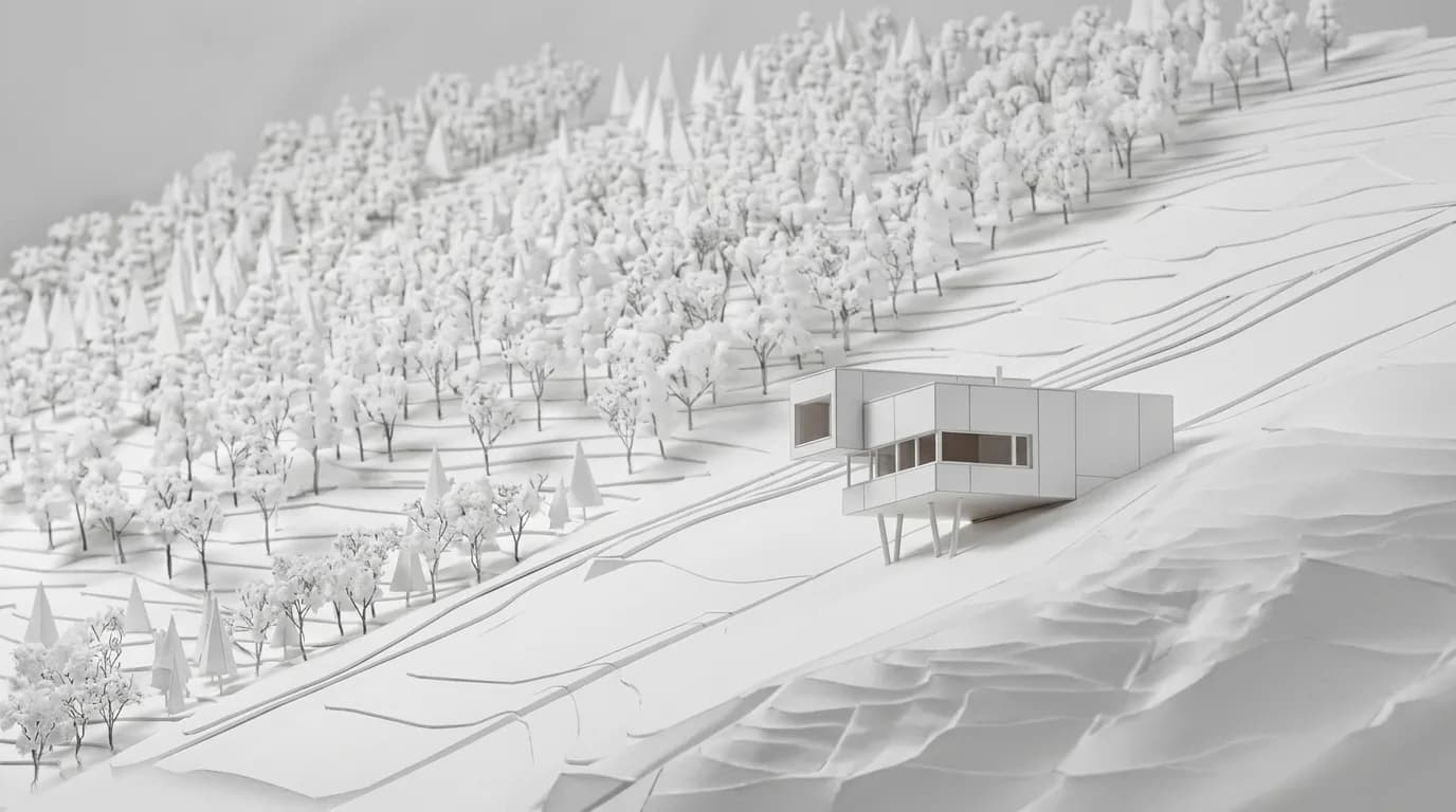 Cantilevered timber house on a steep forested slope in a strip of evening sun – in summer, in early winter and as a white model.