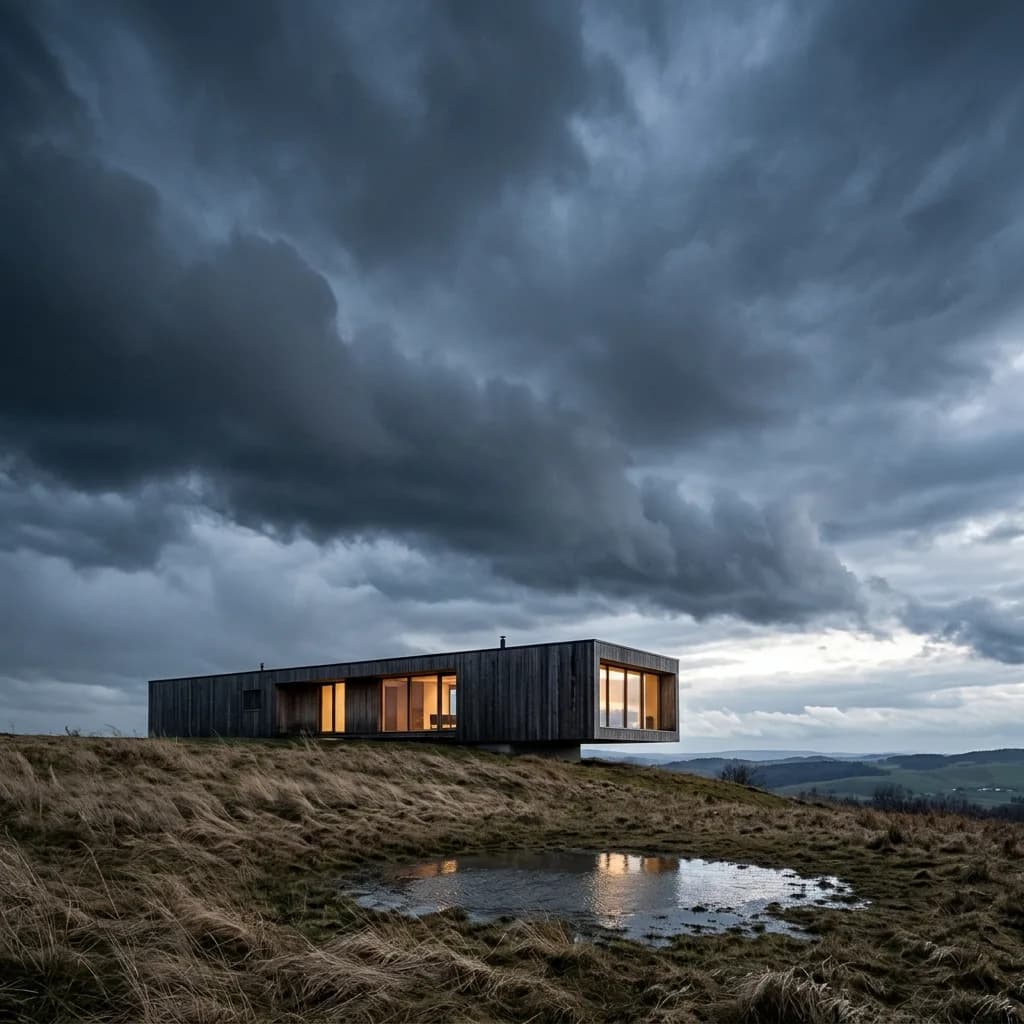 Long bâtiment plat sur un haut plateau sous des nuages d'orage, une flaque au premier plan – en automne, un matin d'hiver enneigé, avec pierre calcaire et chêne, et en maquette blanche.