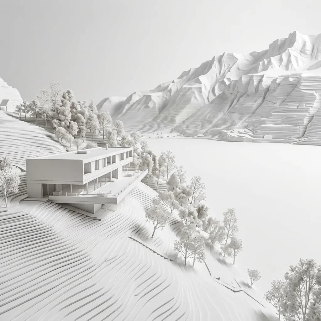 Aerial view of a concrete house on a slope above a turquoise lake – in summer, on an autumn morning, in fog, with light plaster and as a white model.