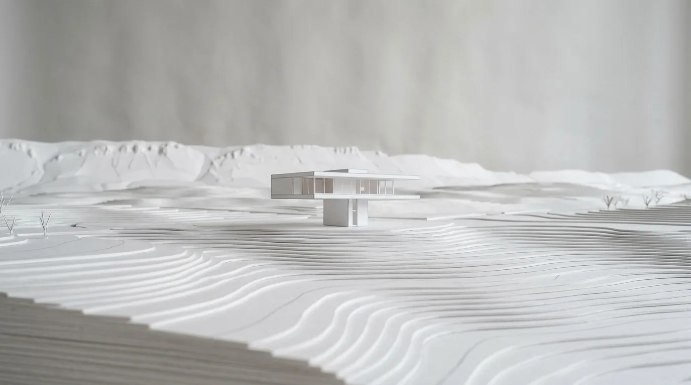 Villa su pilotis con tetto a sbalzo in un ampio paesaggio erboso – al disgelo, nella nebbia, con legno chiaro e come modello bianco.