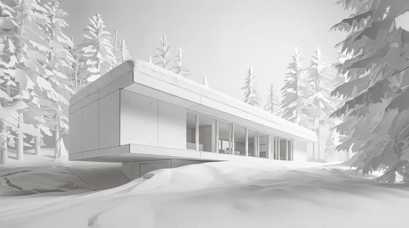 Chalet with a glowing glass front in a snowy spruce forest at night – with a dark facade, with larch and oak and as a white model.