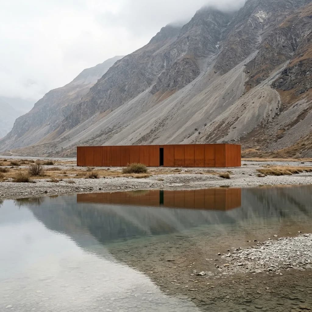 Bâtiment orange tout en longueur devant un paysage rocheux, reflété dans l'eau – en original, au début de l'hiver, dans le brouillard, en bleu cobalt et en maquette blanche.