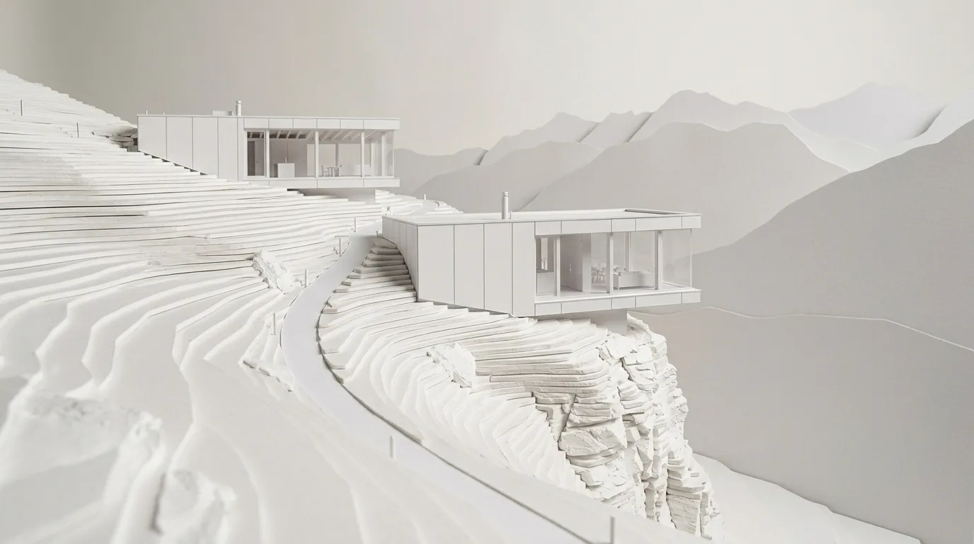 Two houses on a steep slope above the valley with a lit path – at blue hour, on a summer morning and as a white model.