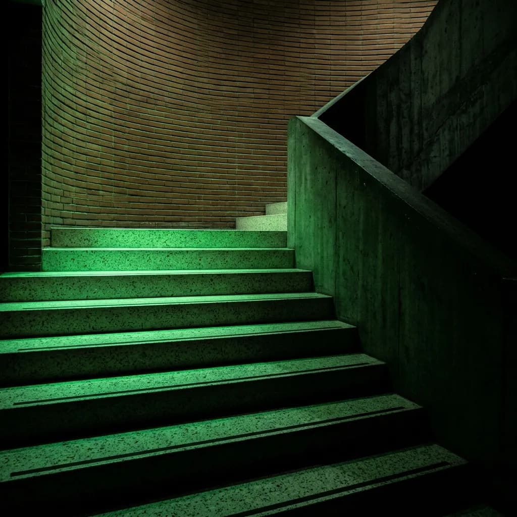 Stgala en il stgir cun scalims che glischan verd tranter quadrels e betun – en l'original, en la glisch dal di d'enviern, cun quadrels clers e sco model alv.