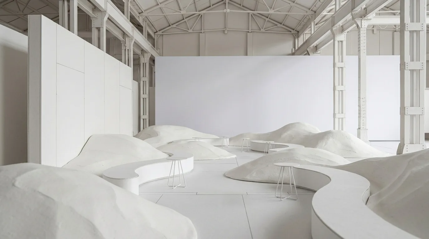 Sala con paesaggio di muschio e panche curve davanti a una parete luminosa sfumata – al tramonto, in blu-viola e come modello bianco.