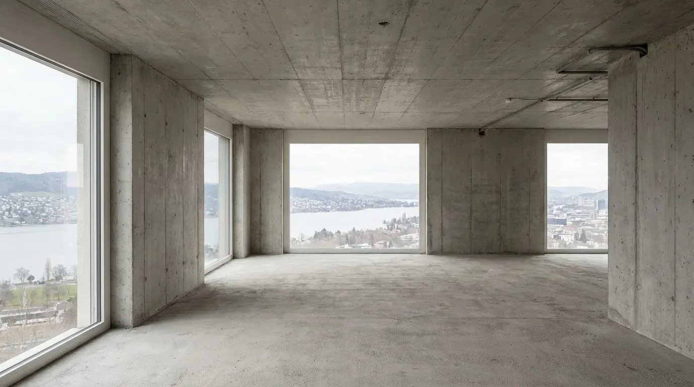 Photo d'un gros œuvre avec murs en béton et vue sur le lac