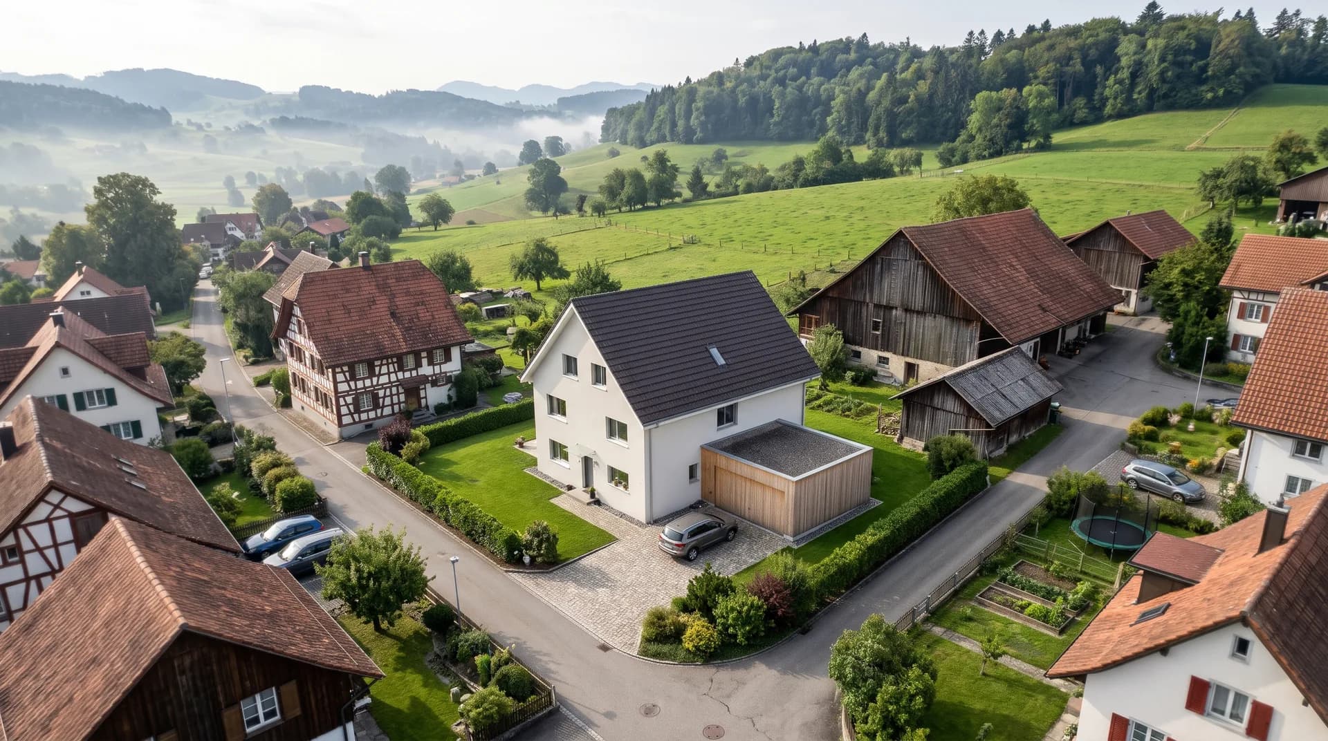 Maison individuelle entre des fermes de l'Oberland zurichois – avec crépi blanc et toit en tuiles, puis avec crépi gris et toit en tôle.