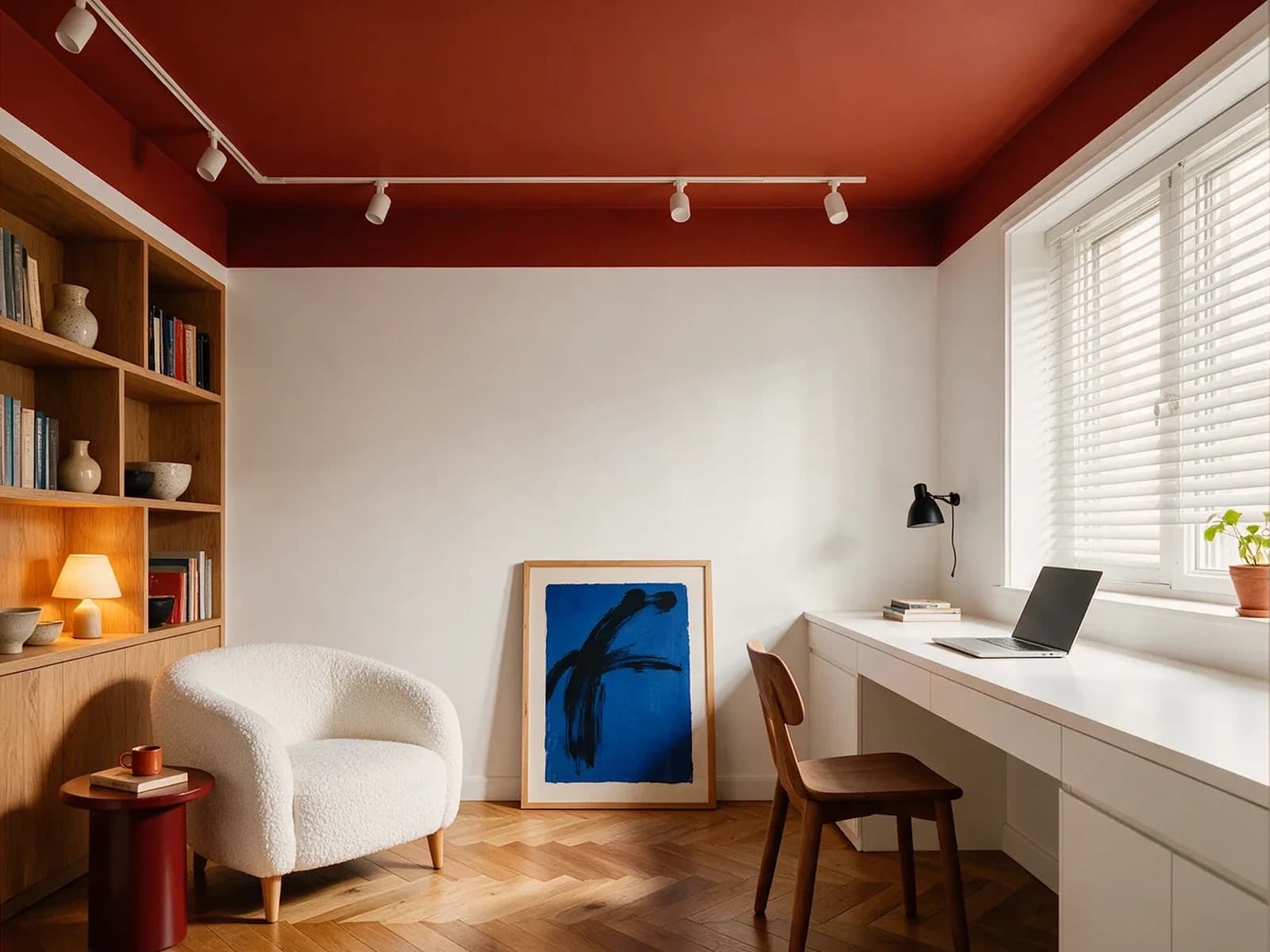 Study with a red-painted ceiling, armchair and desk – with the blue picture leaning against the wall and without it, the rest of the room unchanged.