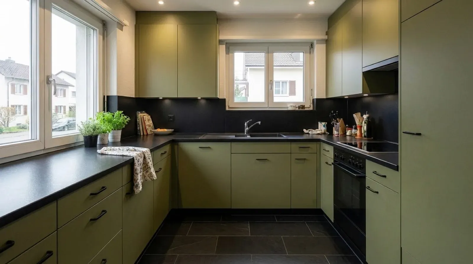 Existing U-shaped kitchen with a tiled backsplash and parquet – and after the renovation.