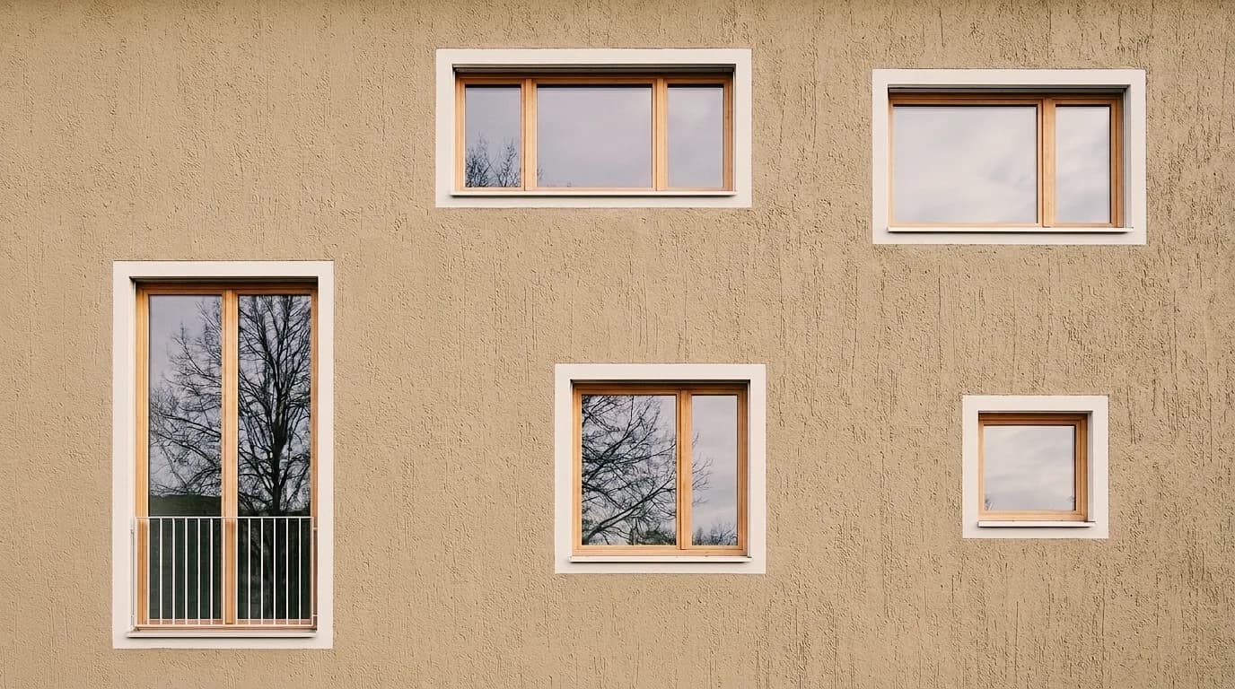 Scraped-plaster facade with white window surrounds – in sage green, in sand beige and as a fine float finish.