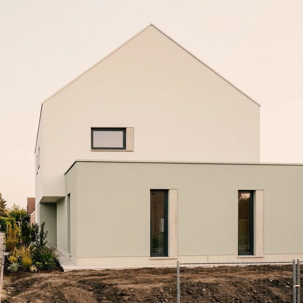 Gabled house with two-tone smooth plaster – with a sage-green annex and with float-finish plaster on the gable.