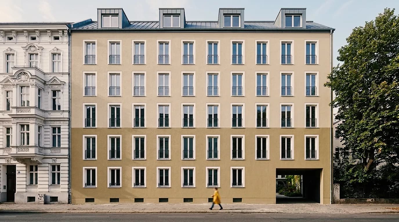 Two-tone city facade next to a Gründerzeit building – in sage green and in two sand tones.