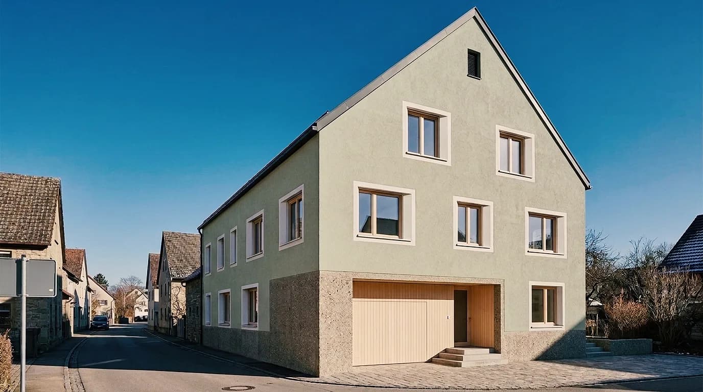 Village house with a gable roof on a street – with beige-gray float-finish plaster and in light sage.