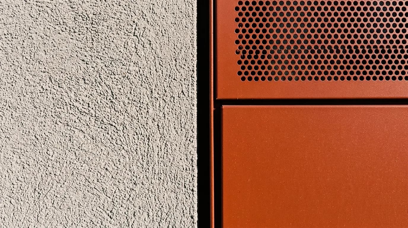 Facade detail with coarse spray plaster next to red-brown metal – also as fine scraped plaster.