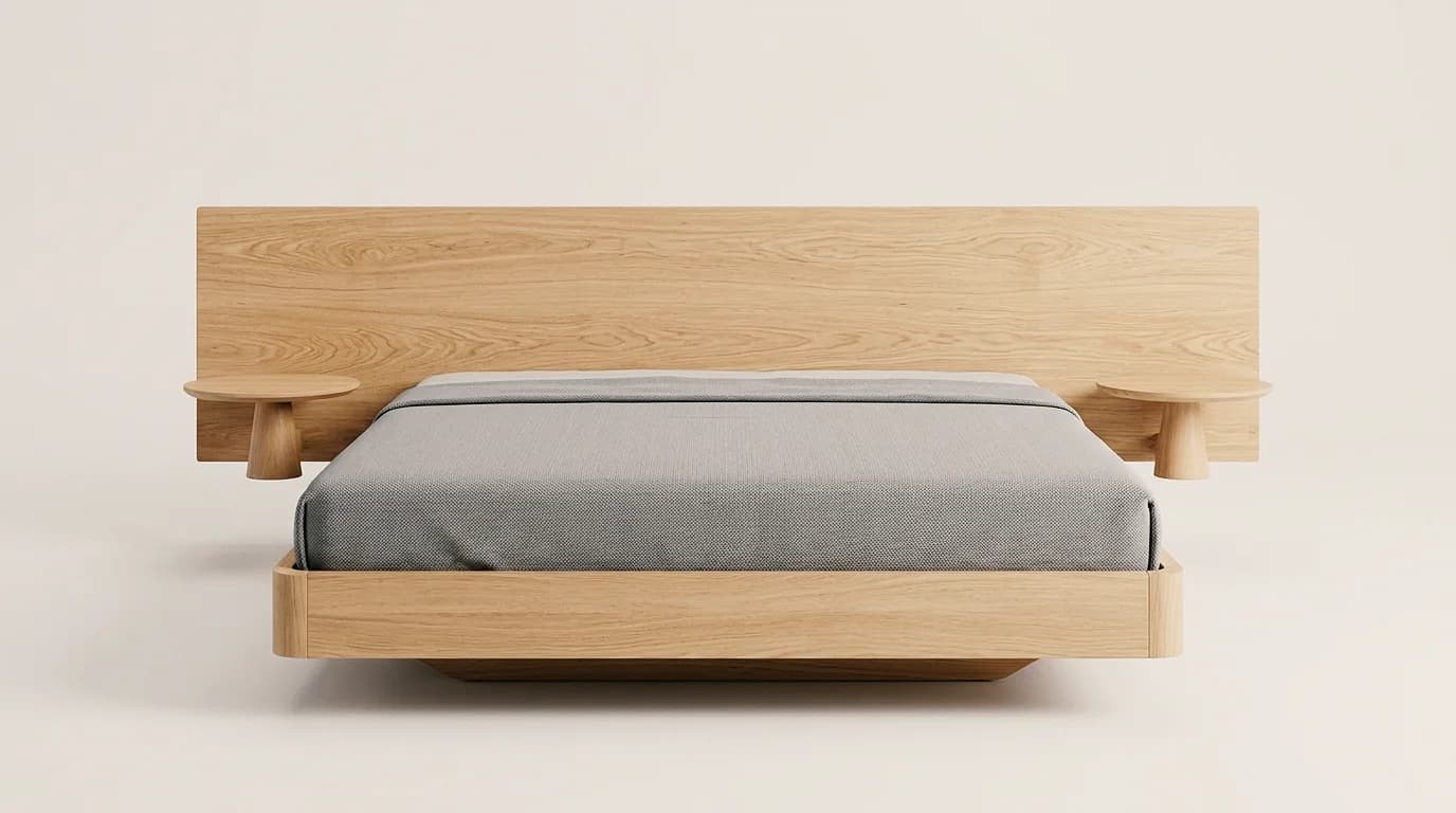Floating oak bed with attached nightstands – cut out and with a sage-green bedroom added.